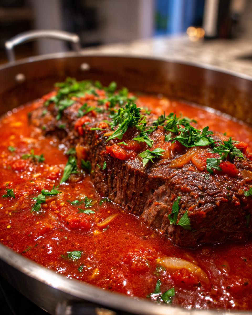 Close-up of thick steak pizzaiola braising in a rich, chunky tomato sauce and garnished with fresh parsley.