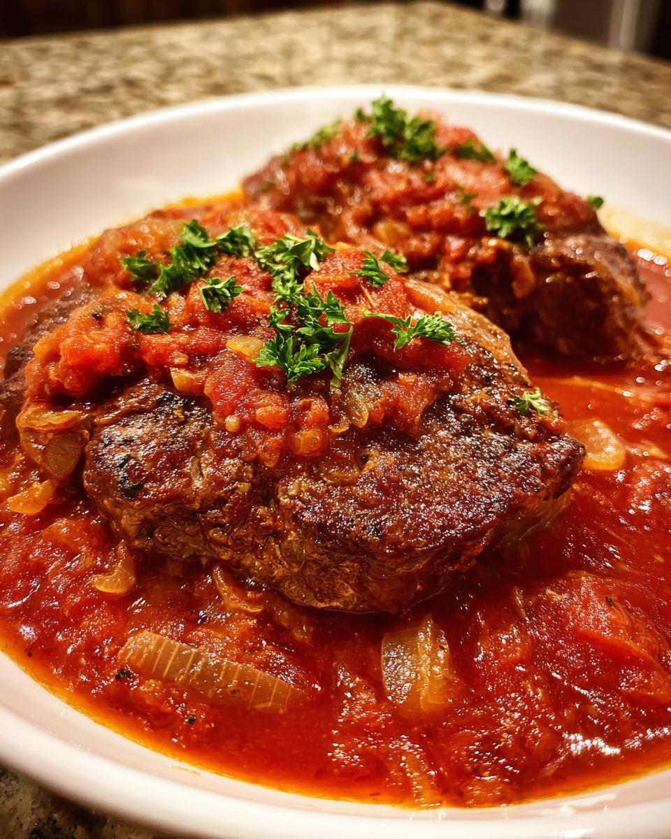 Two servings of seared steak pizzaiola smothered in chunky tomato sauce and garnished with fresh parsley.