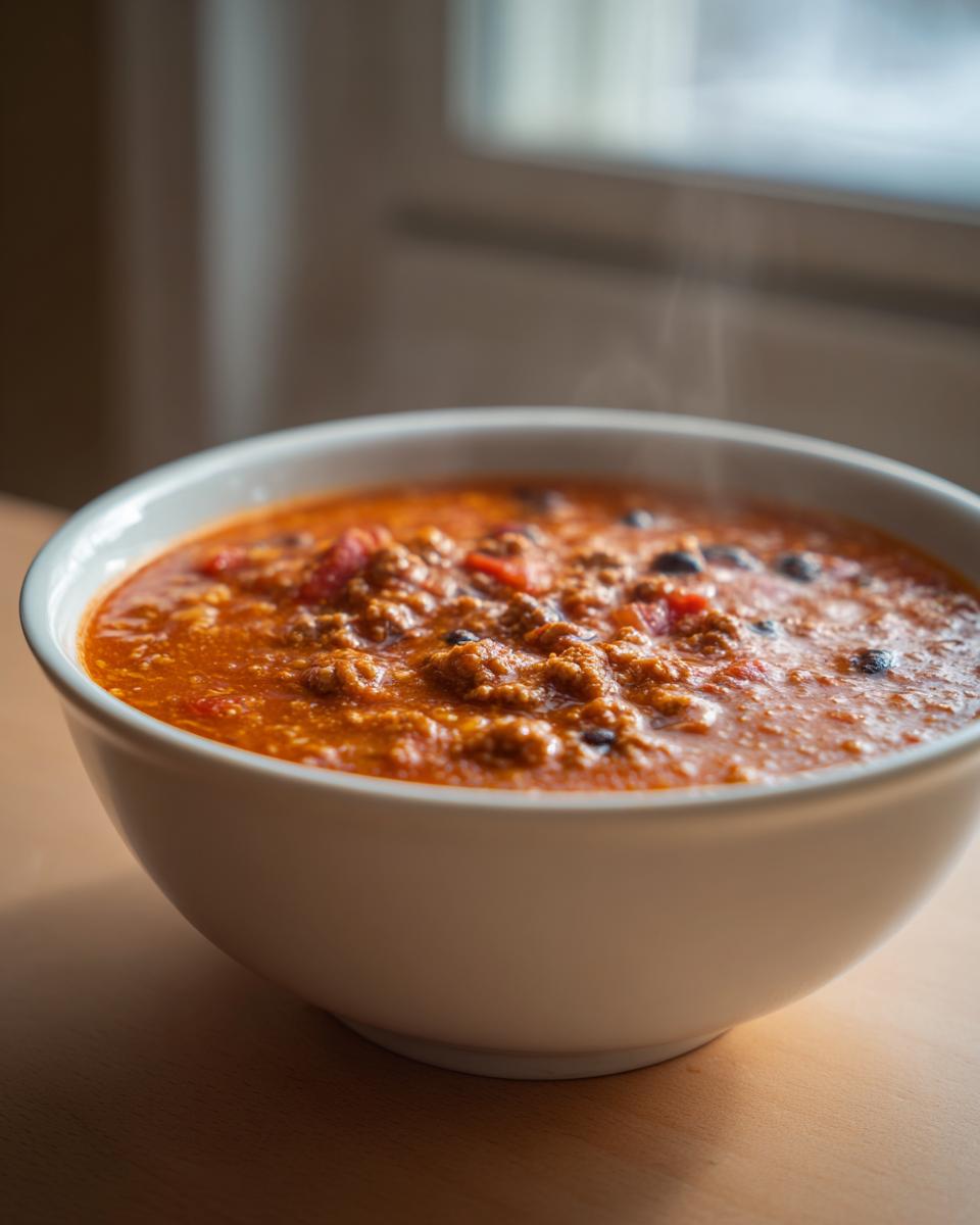 Close-up of a steaming white bowl filled with rich, hearty pumpkin chili.