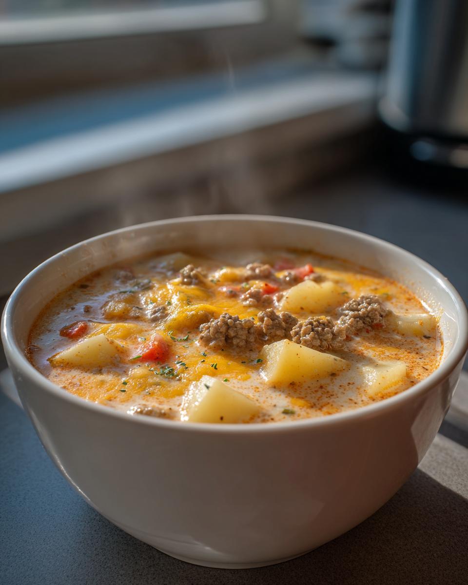 Close-up of a steaming white bowl filled with creamy cheeseburger soup, featuring potatoes, ground beef, and melted cheese.