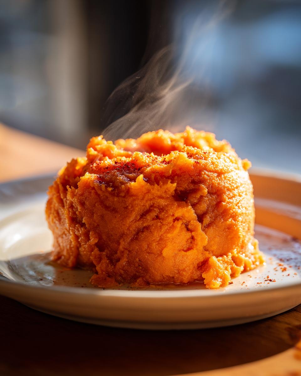 A mound of freshly made, steaming mashed sweet potatoes sprinkled with spice on a light plate.