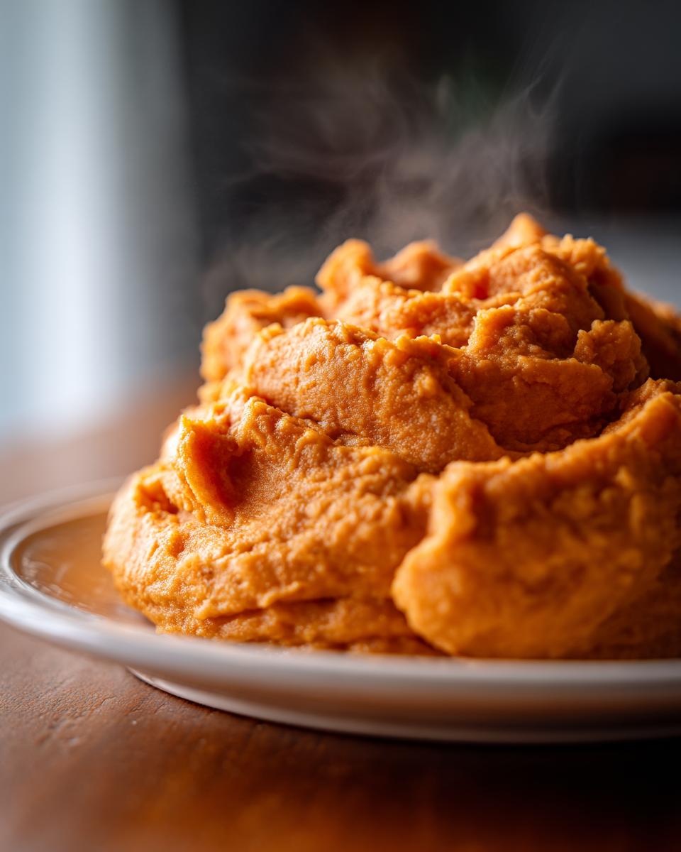 A close-up of fluffy, steaming mashed sweet potatoes piled high on a white plate.