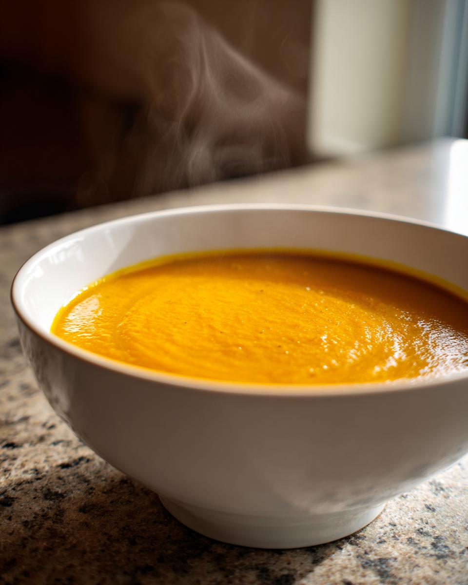Close-up of a steaming white bowl filled with vibrant orange squash soup resting on a granite countertop.