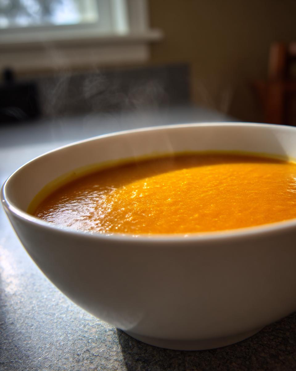 Close-up of a steaming white bowl filled with vibrant orange squash soup, sitting on a countertop.