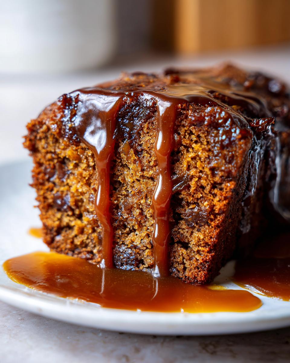 A close-up of a moist slice from a sticky toffee pudding recipe, generously covered in rich, dripping toffee sauce.