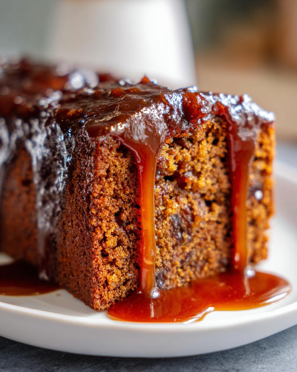 Close-up of a rich slice of sticky toffee pudding recipe generously covered in dripping toffee sauce.