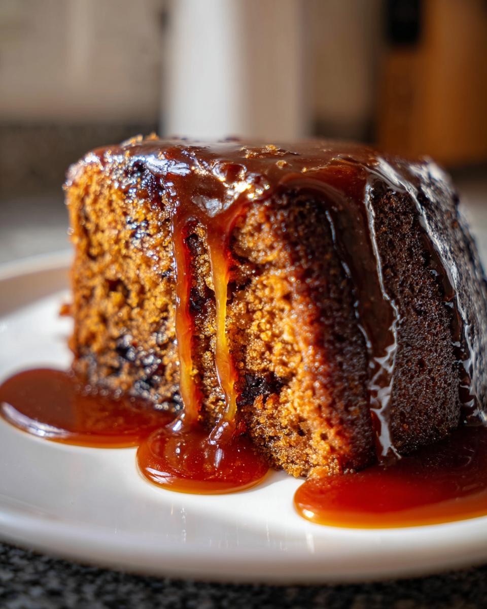 Close-up of a rich, moist slice of sticky toffee pudding recipe generously covered in warm toffee sauce.