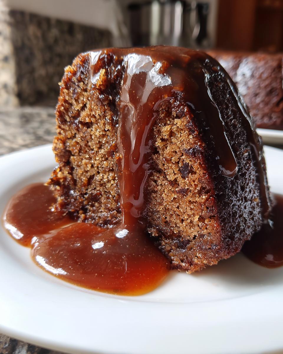 Close-up of a rich slice of sticky toffee pudding recipe covered in warm toffee sauce.