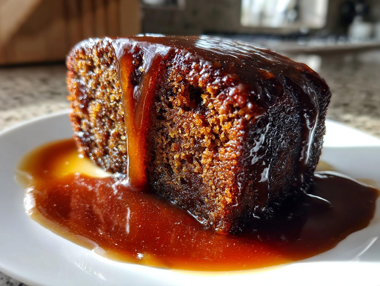 A close-up of a rich, dark slice of sticky toffee pudding generously covered in warm toffee sauce.