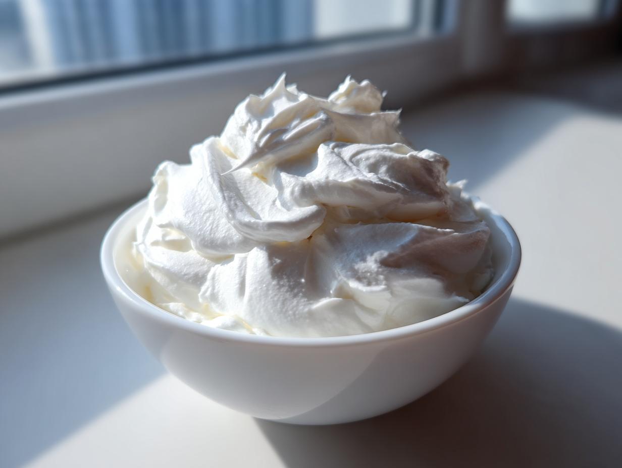 A close-up of stiff, white gingerbread house icing piled high in a small white bowl near a window.