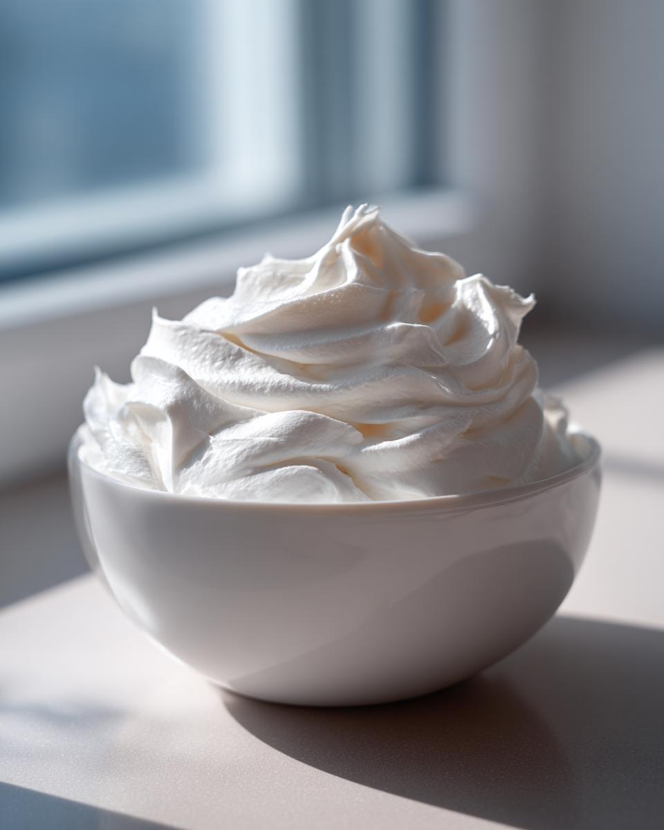 A white bowl filled with stiff, perfectly piped gingerbread house icing, ready for decorating.