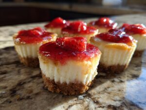 Close-up of several strawberry topped cheesecake bites resting on a shiny brown marble surface.