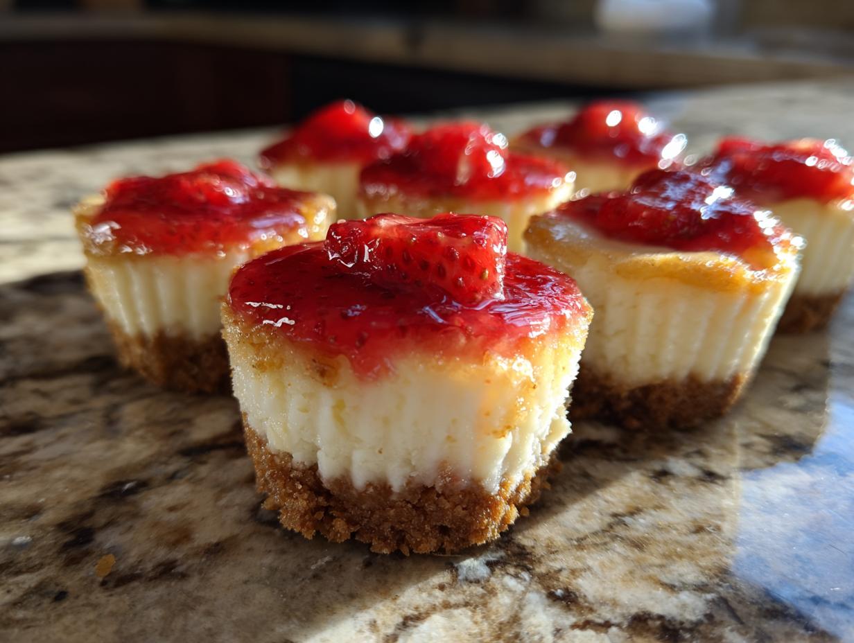 Close-up of several strawberry topped cheesecake bites resting on a shiny brown marble surface.