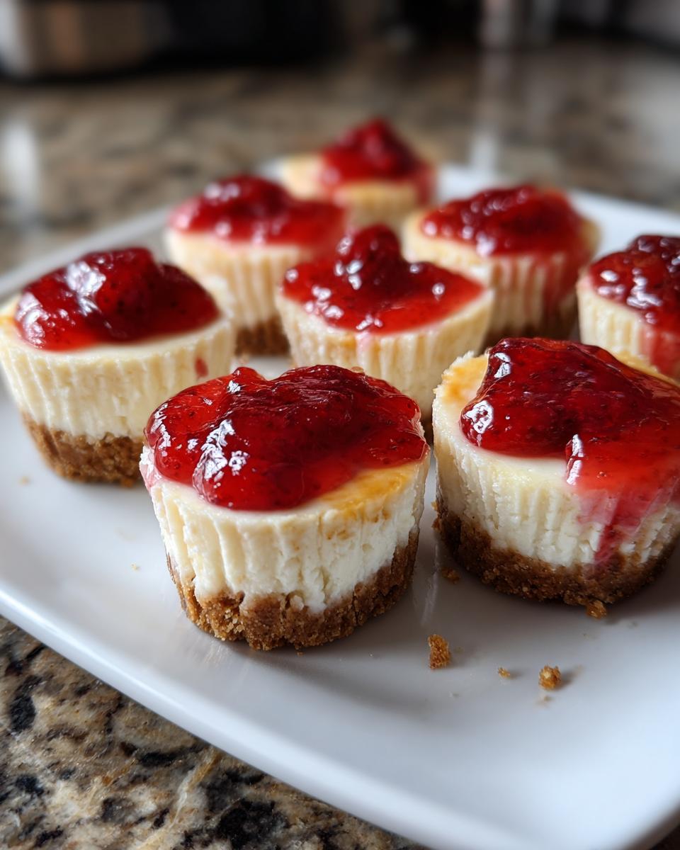 Close-up of several homemade strawberry topped cheesecake bites arranged on a white plate.