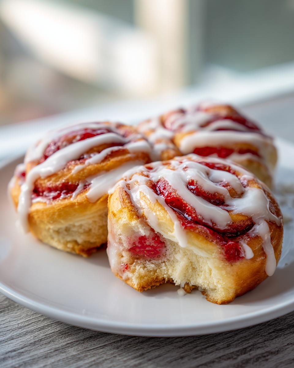 Three delicious Strawberry Cheesecake Sweet Rolls drizzled with white icing on a white plate, one has a bite taken out.
