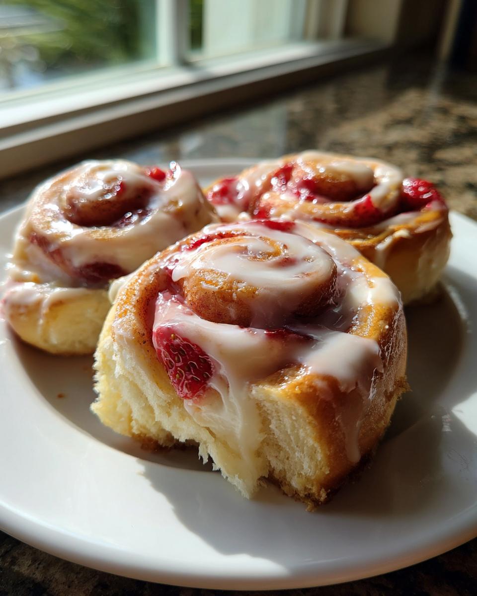 Three soft Strawberry Cheesecake Sweet Rolls drizzled with cream cheese icing, served on a white plate near a window.