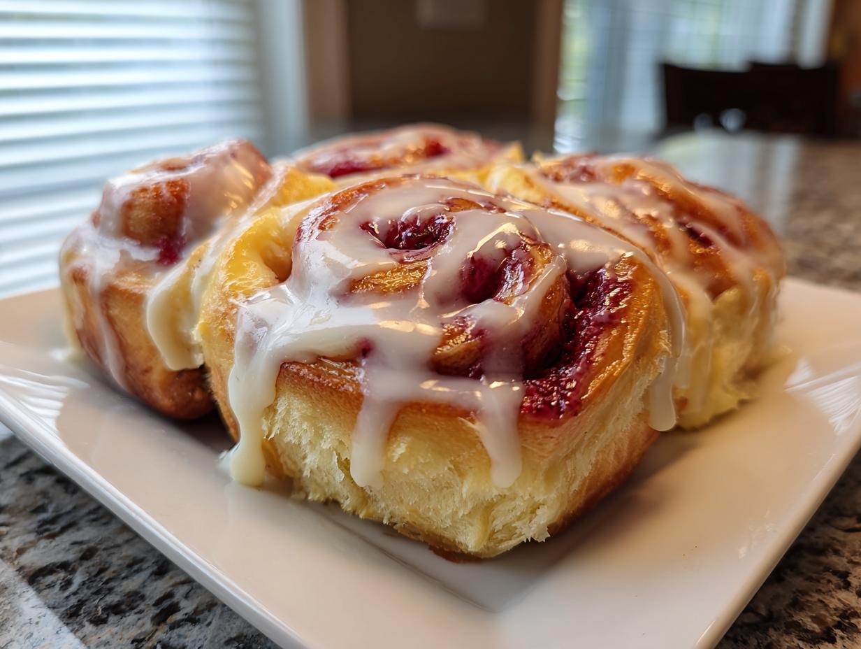 Four freshly baked Strawberry Cheesecake Sweet Rolls covered in thick, white cream cheese icing on a white rectangular plate.