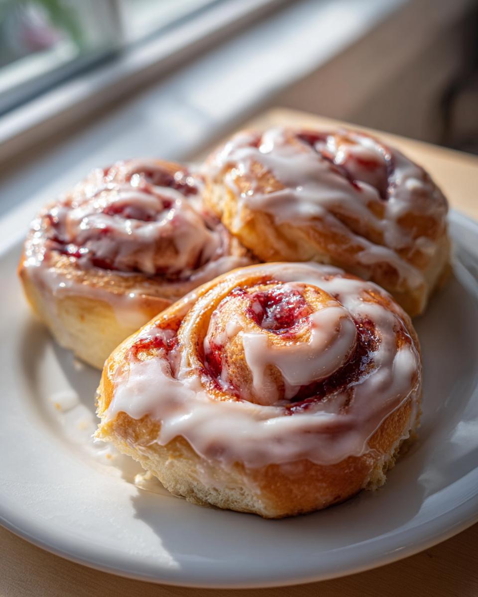 Three freshly baked Strawberry Cheesecake Sweet Rolls covered in white icing, sitting on a white plate near a window.