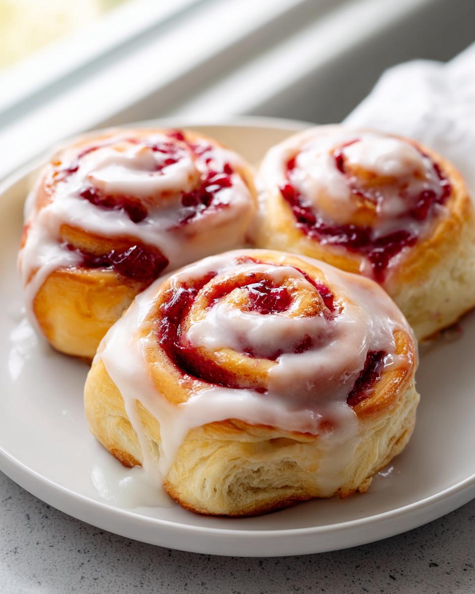 Three freshly baked Strawberry Cheesecake Sweet Rolls generously topped with white cream cheese glaze.