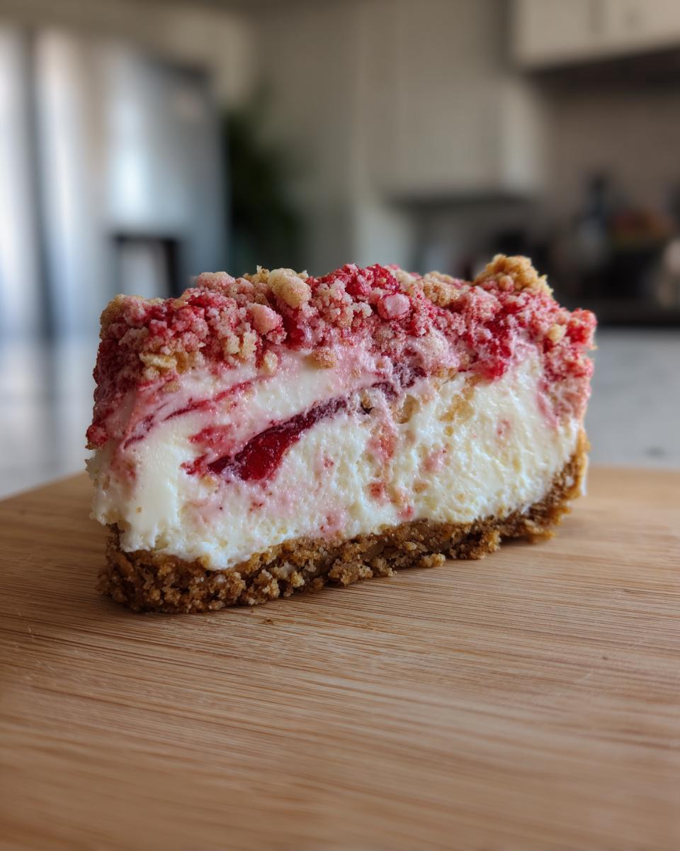 A perfect slice of strawberry crunch cheesecake showing the graham cracker crust, creamy filling, and red crumble topping.