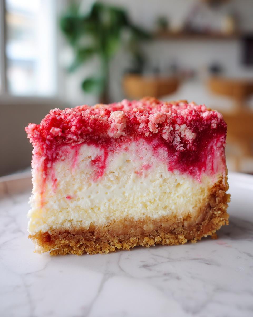 A close-up slice of strawberry crunch cheesecake showing the graham cracker crust, creamy filling, and bright red crumble topping.