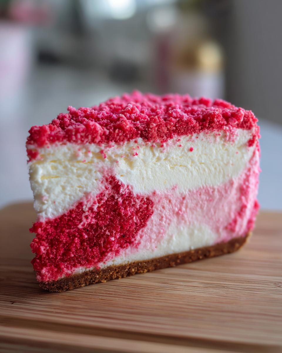 A close-up slice of strawberry crunch cheesecake showing a graham cracker crust, swirled pink and white filling, and bright red crumble topping.