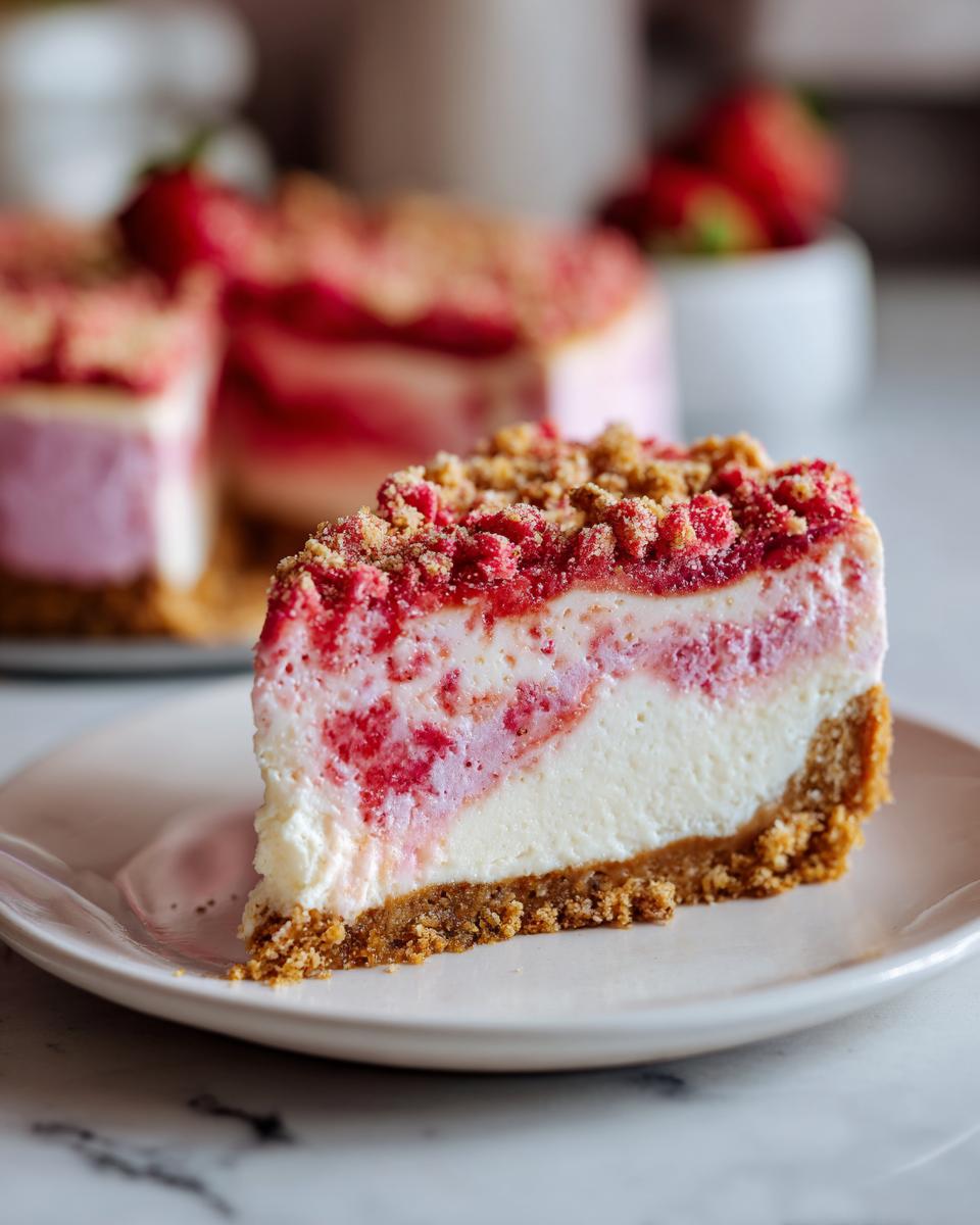 A close-up slice of strawberry crunch cheesecake featuring a graham cracker crust and strawberry swirl filling.