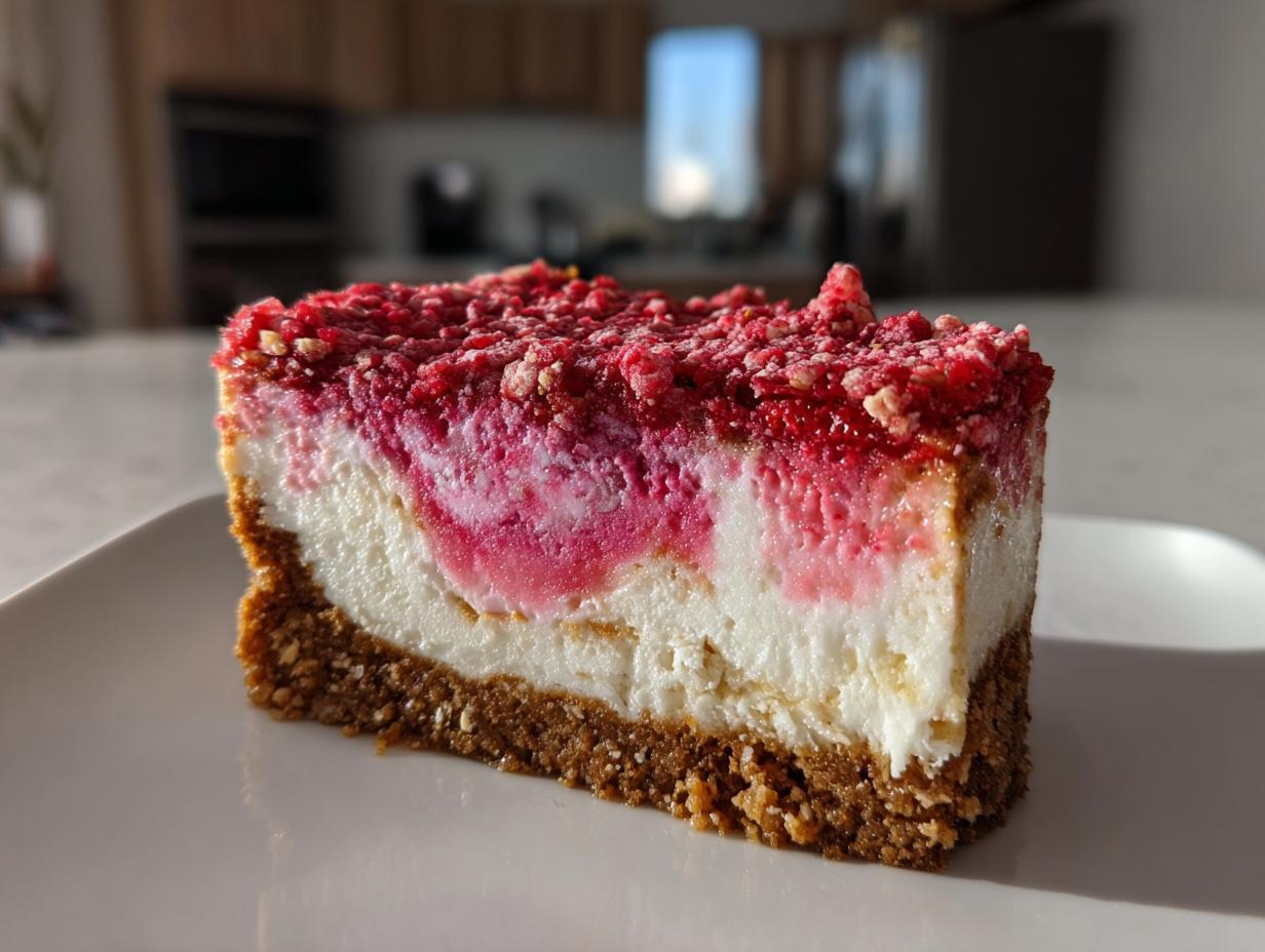 Close-up of a slice of strawberry crunch cheesecake showing graham cracker crust, creamy filling, and bright red crunch topping.