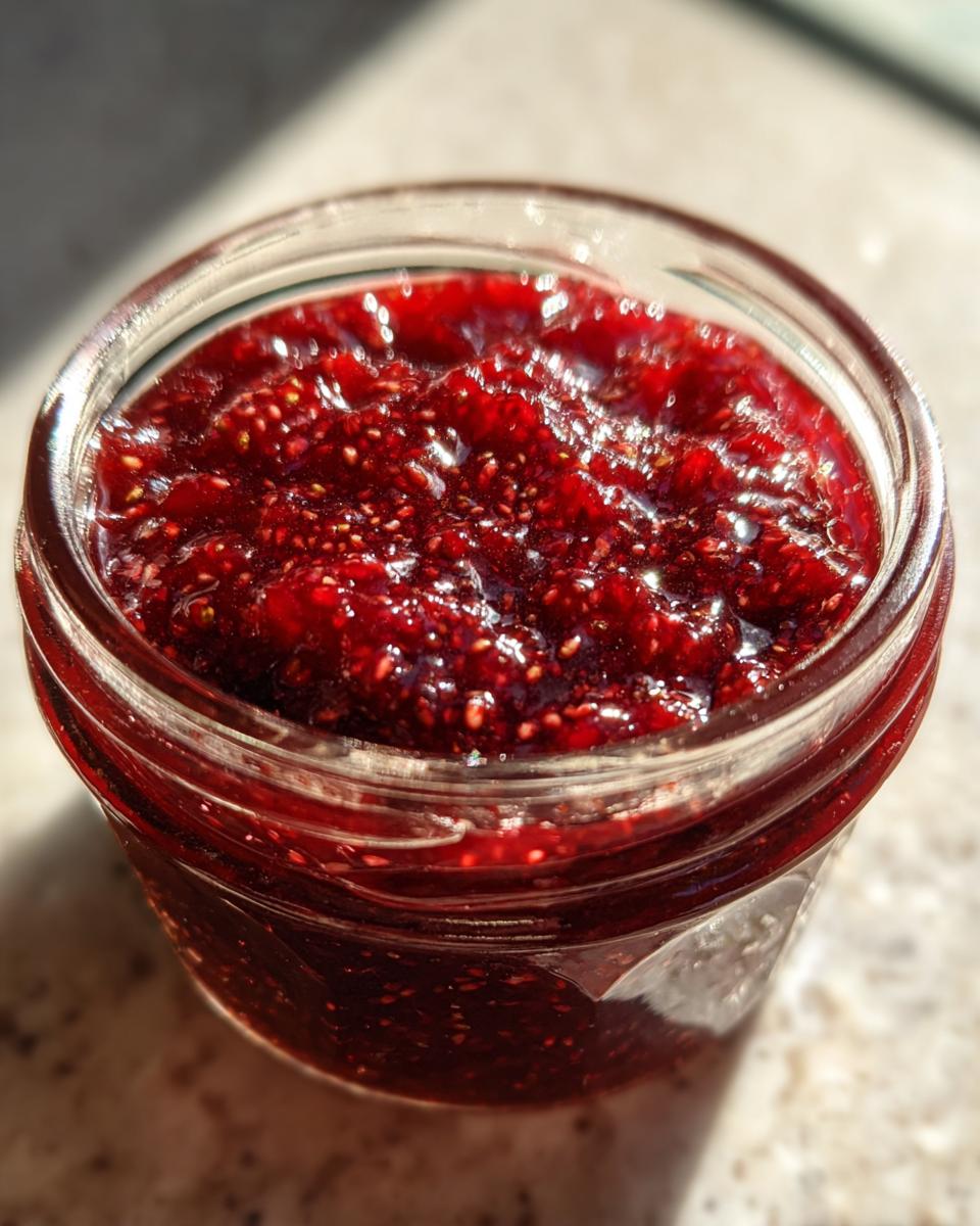 Close-up of vibrant, ruby-red strawberry freezer jam filled in a small glass jar, showing visible seeds.