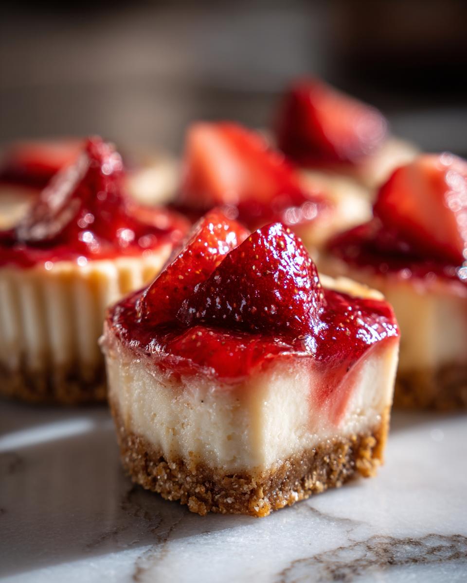 A close-up of a single strawberry cheesecake bites showing the graham cracker crust and creamy filling, topped with strawberry glaze.