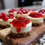A close-up of one perfect no-bake cheesecake bites topped with strawberry preserves, resting on a wooden board with more cheesecake bites blurred in the background.
