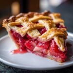 Close-up of a juicy slice of strawberry rhubarb pie featuring a golden lattice crust and bright red filling.