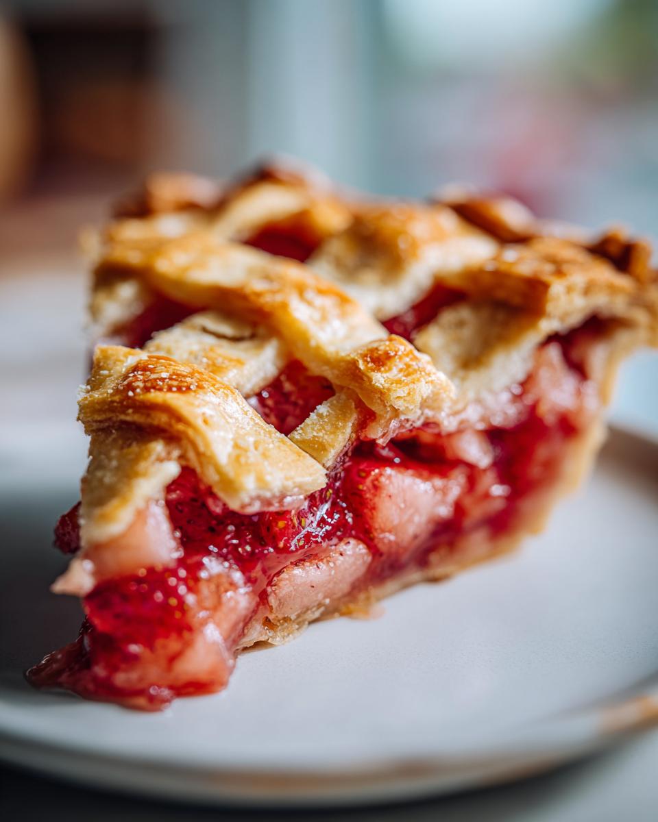 Close-up of a juicy slice of strawberry rhubarb pie featuring a golden lattice crust and glistening red filling.