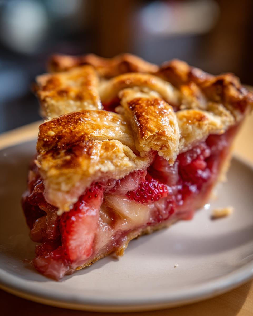 Close-up of a juicy slice of strawberry rhubarb pie showing the bright red filling and golden lattice crust.
