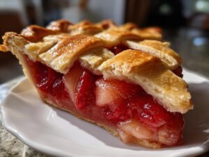 A close-up, sunlit slice of amazing strawberry rhubarb pie showing a thick, glistening red filling and golden lattice crust.