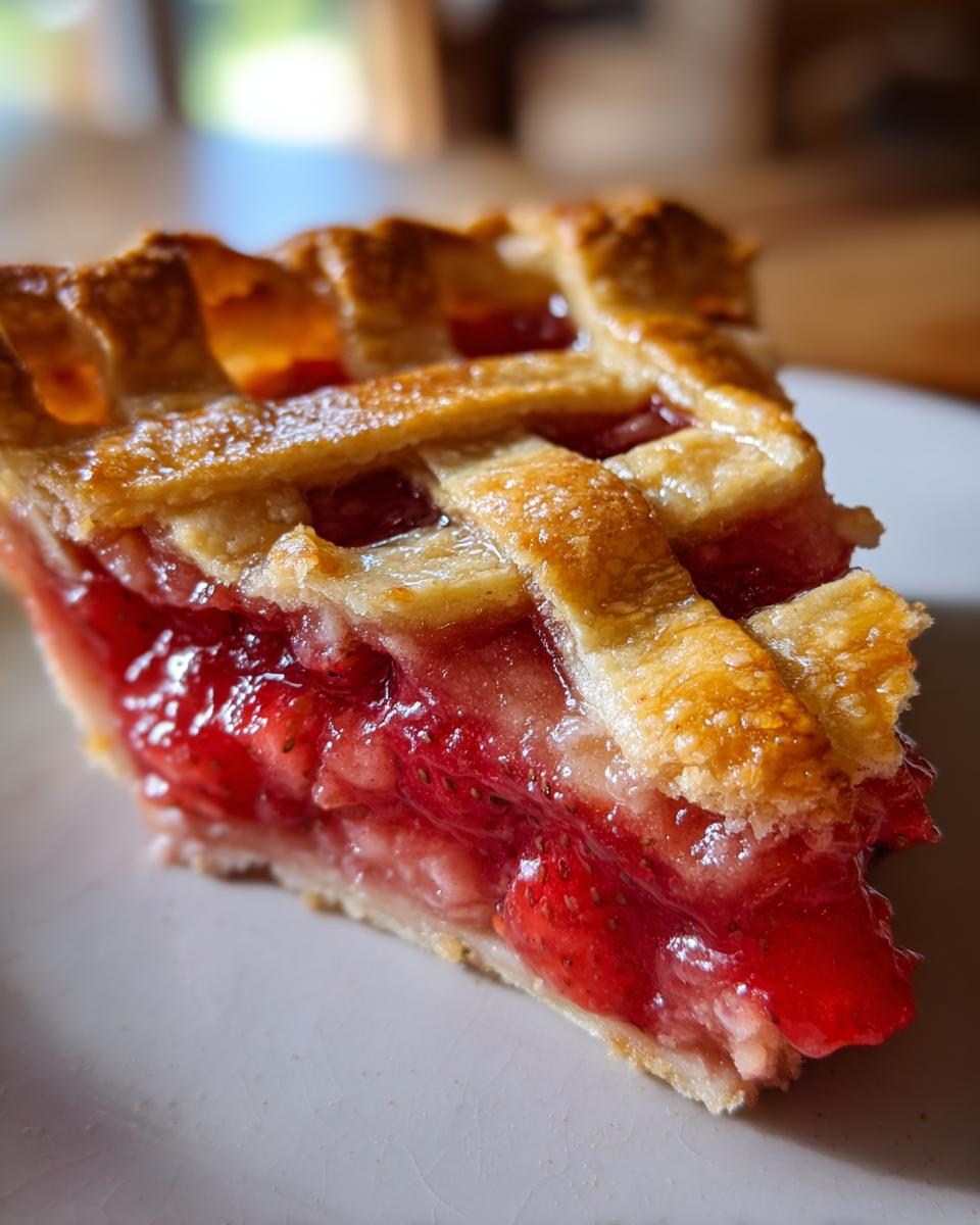 Close-up of a slice of strawberry rhubarb pie showing a thick, glistening red filling and a golden lattice crust.