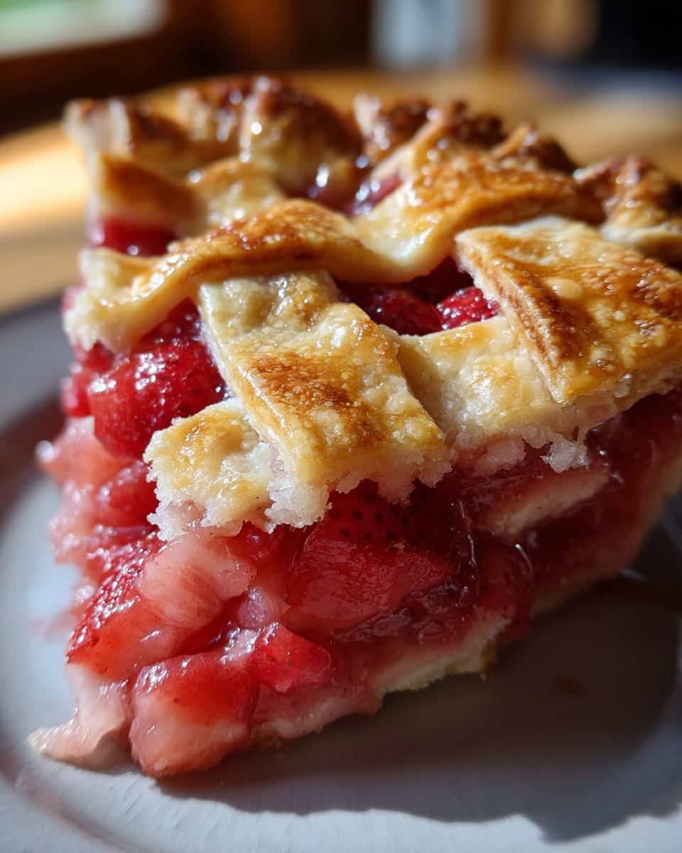 Close-up of a juicy slice of strawberry rhubarb pie showing the bright red filling and golden lattice crust.
