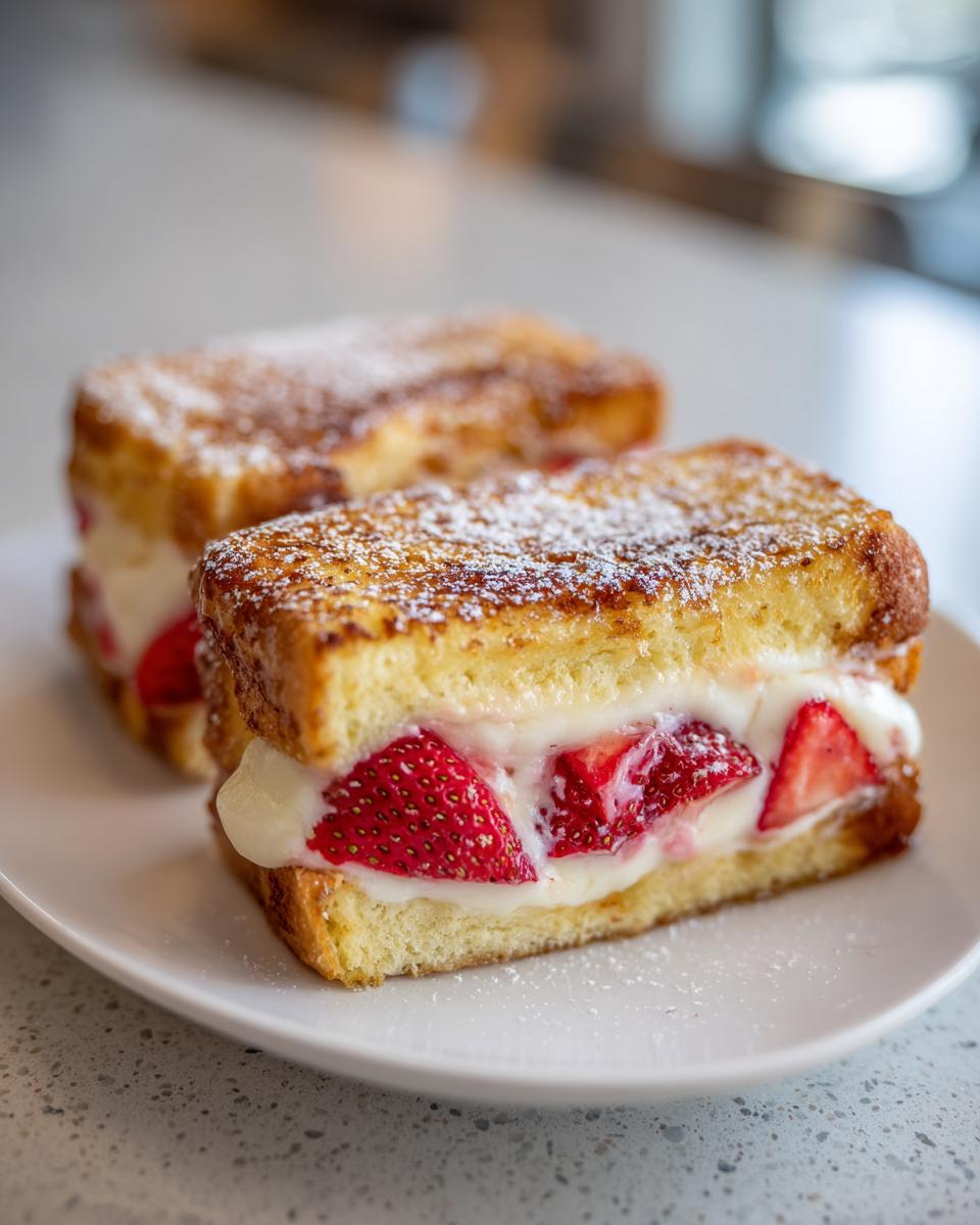Two slices of golden brown stuffed French toast filled with cream and fresh strawberries, dusted with powdered sugar.