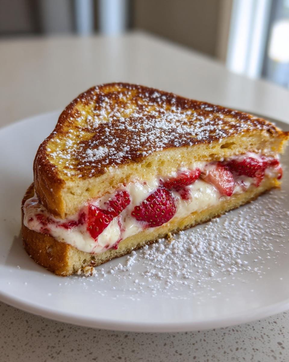A golden-brown slice of stuffed french toast filled with cream cheese and fresh strawberries, dusted with powdered sugar.