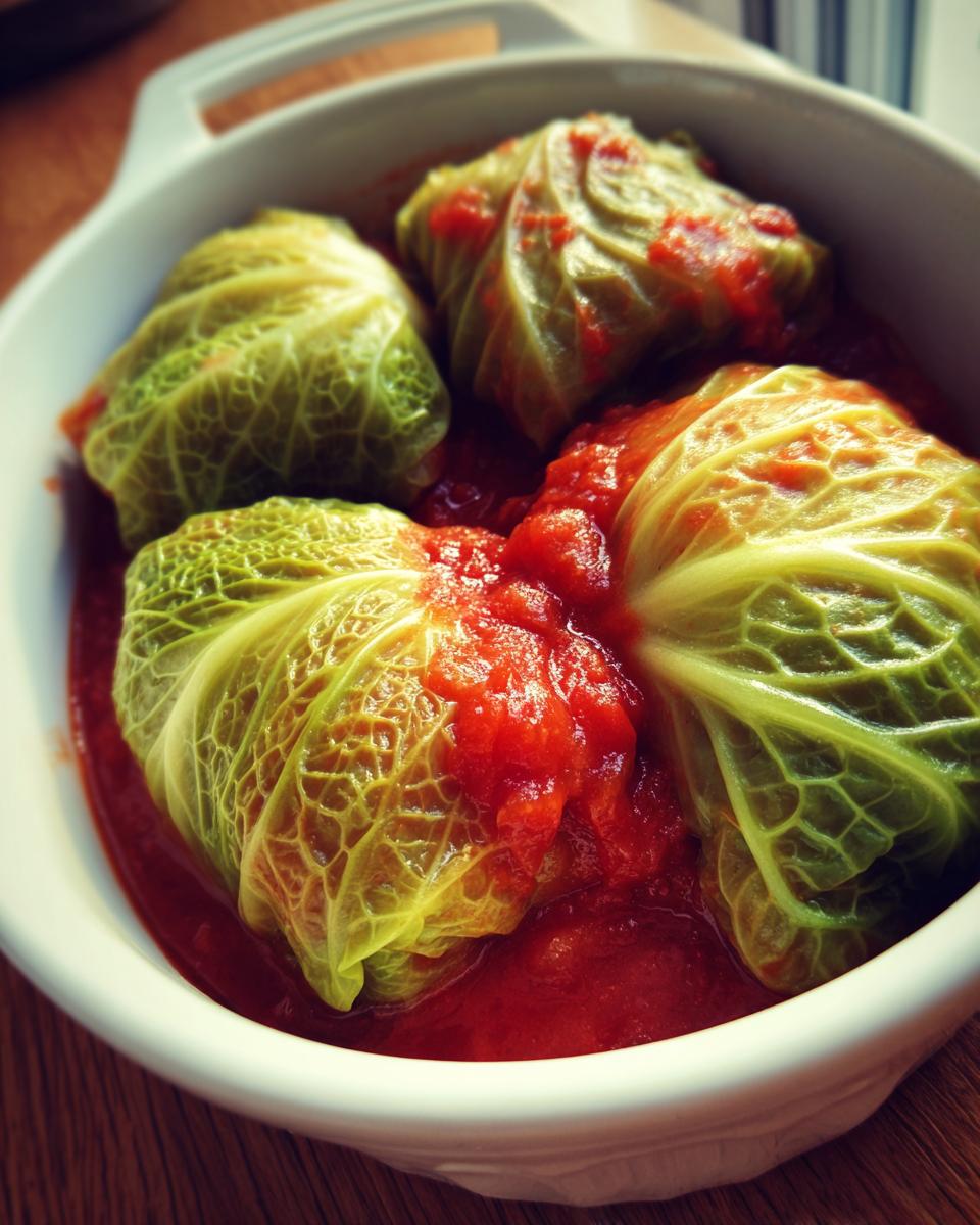 Four homemade Stuffed Cabbage Rolls nestled in a white dish covered with rich, bright red tomato sauce.