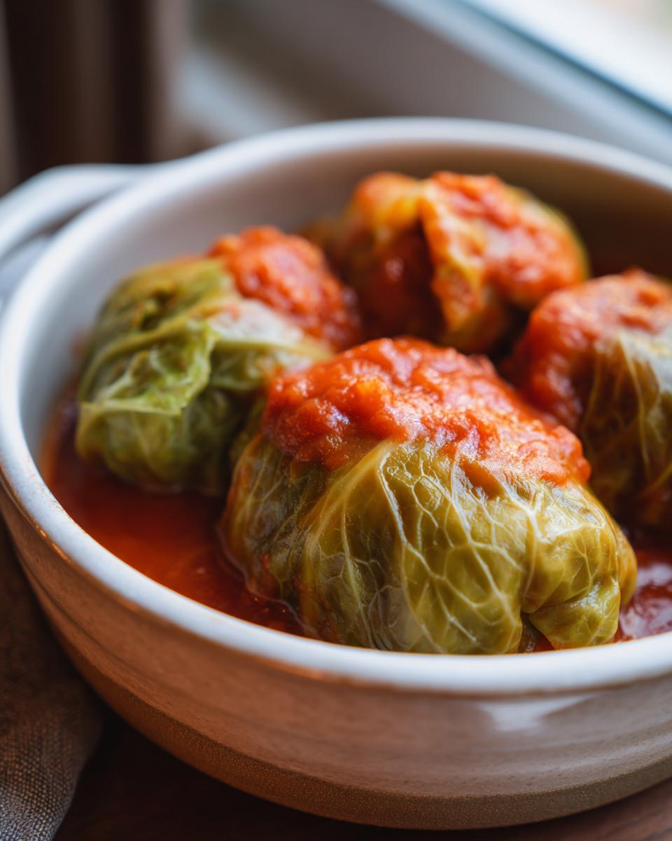 Four homemade Stuffed Cabbage Rolls simmered in a rich, bright red tomato sauce in a ceramic bowl.