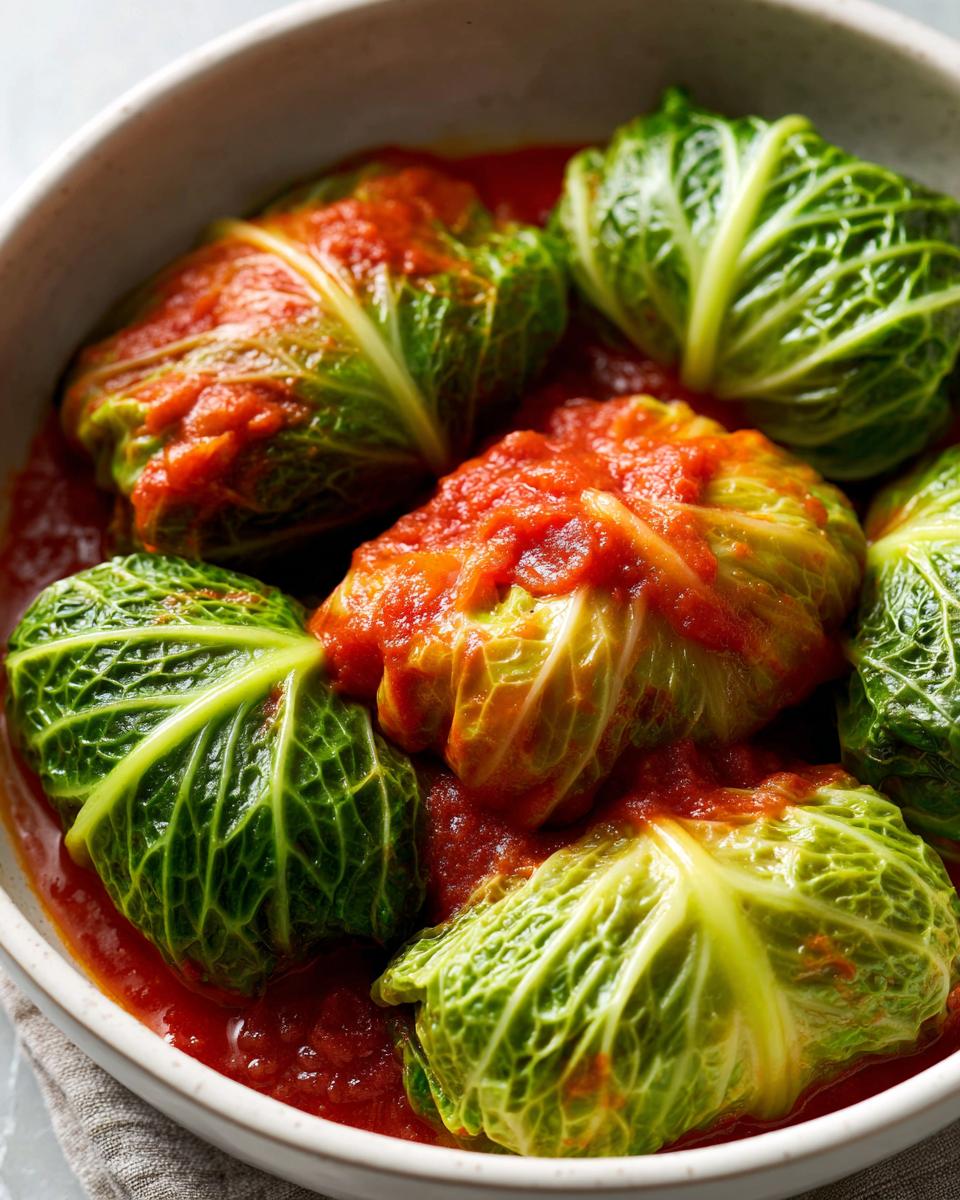 Close-up of several bright green Stuffed Cabbage Rolls simmering in a rich tomato sauce in a light bowl.