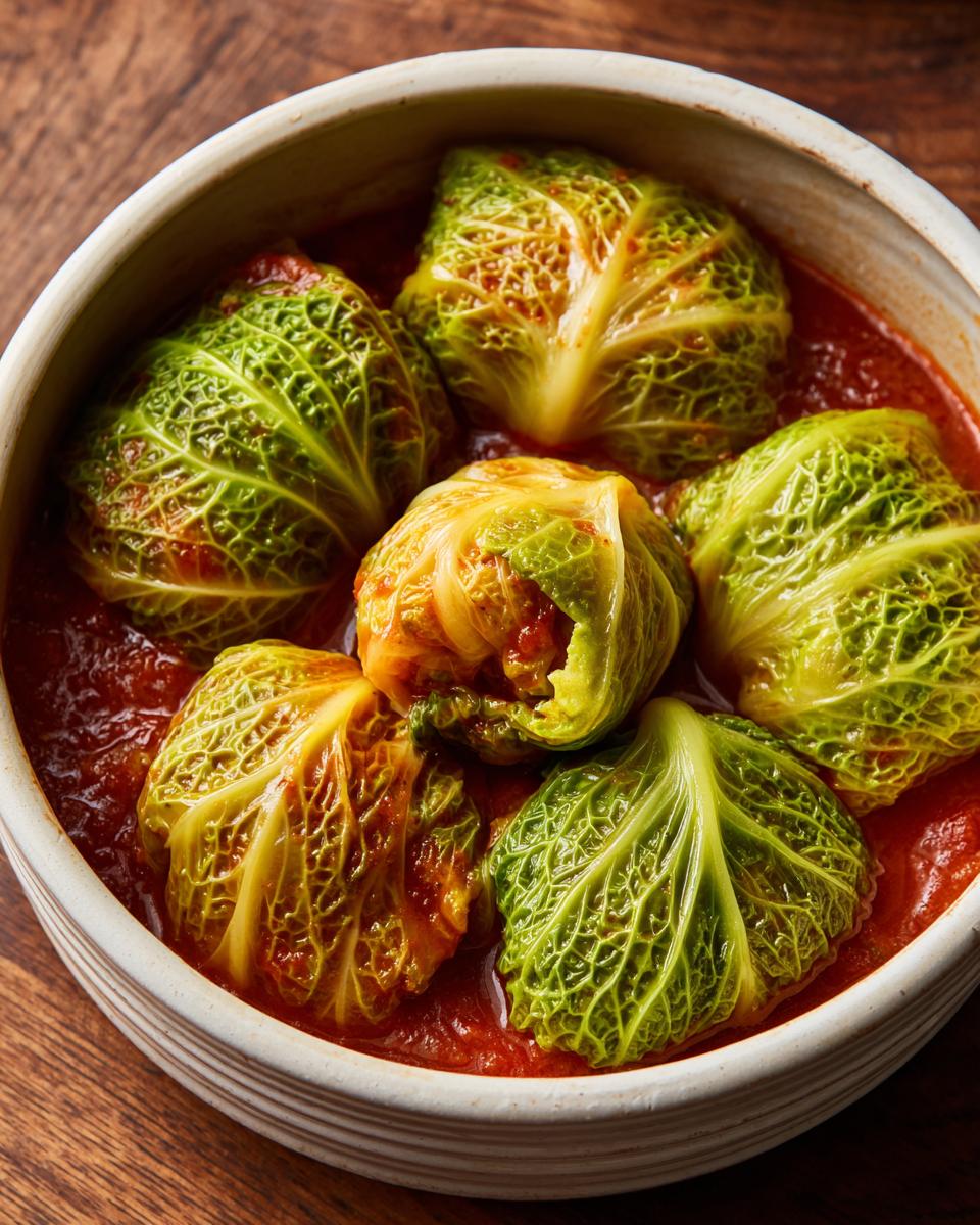 Five savory Stuffed Cabbage Rolls simmering in a rich tomato sauce inside a rustic white bowl.