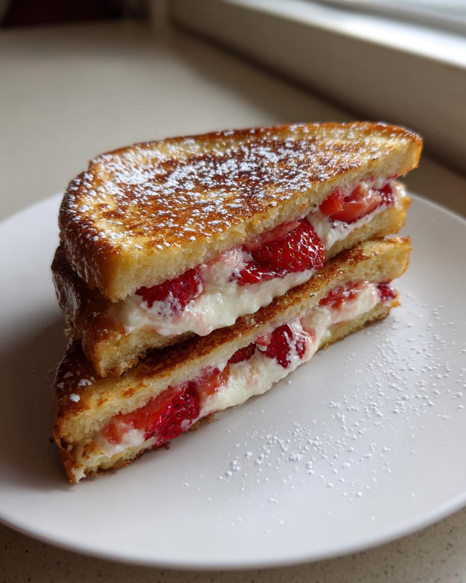 Two halves of golden brown stuffed french toast stacked, filled with cream cheese and sliced strawberries, dusted with powdered sugar.