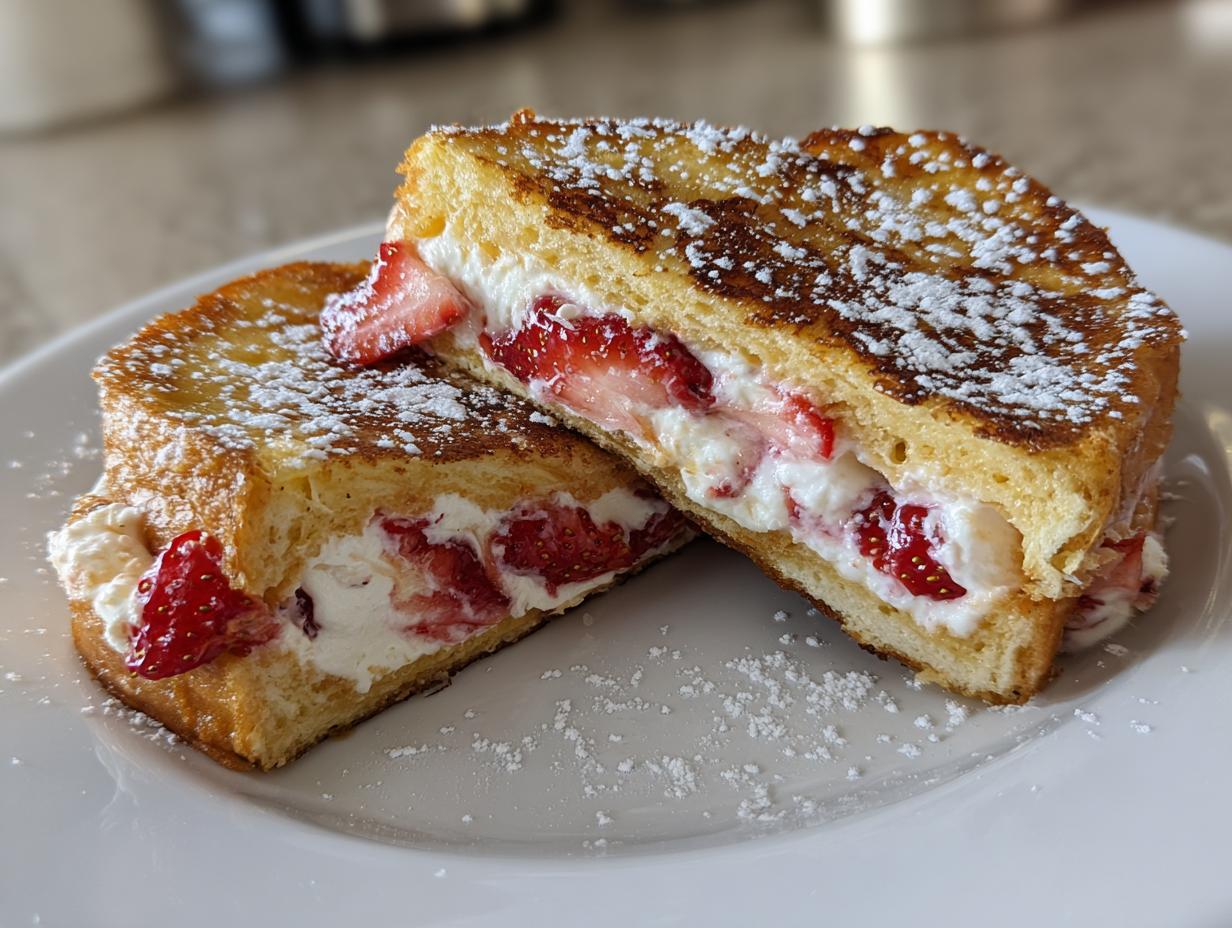 Two halves of stuffed french toast filled with cream cheese and fresh strawberries, dusted with powdered sugar.