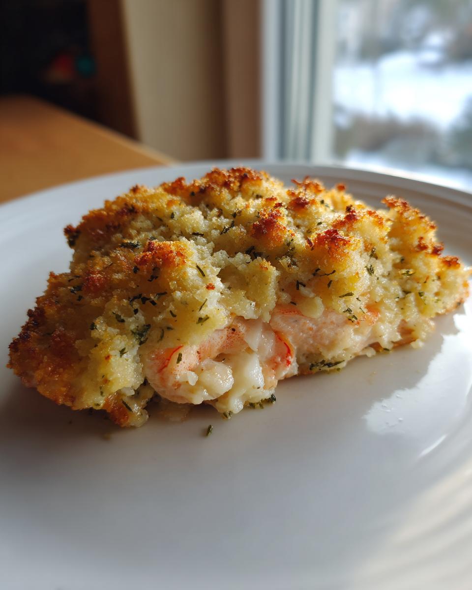 A cross-section of stuffed salmon showing the creamy filling and golden, crispy breadcrumb topping.