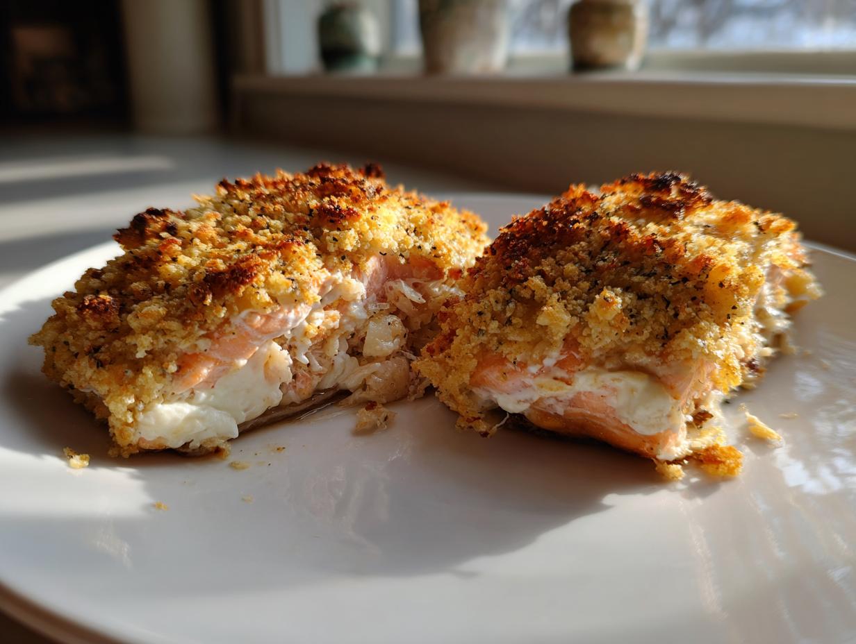 Two halves of a baked stuffed salmon fillet showing the creamy filling and golden, crunchy topping.