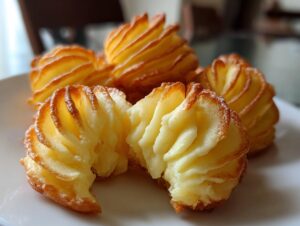 Close-up of perfectly piped and baked duchess potatoes with golden, crispy edges.