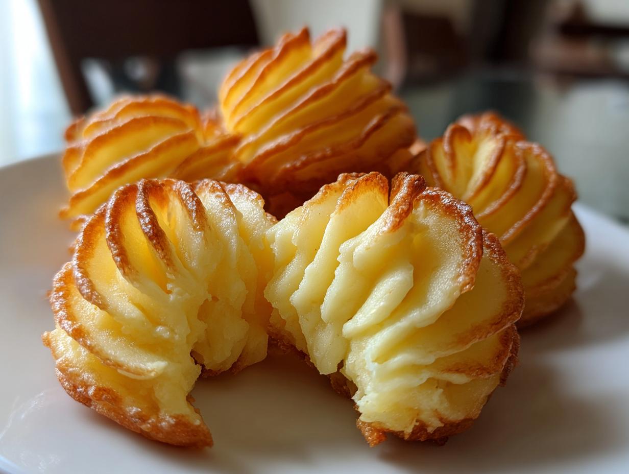 Close-up of perfectly piped and baked duchess potatoes with golden, crispy edges.