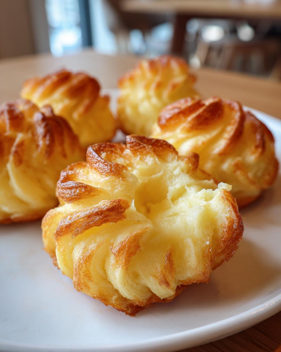 Close-up of perfectly piped and baked duchess potatoes with golden brown edges on a white plate.